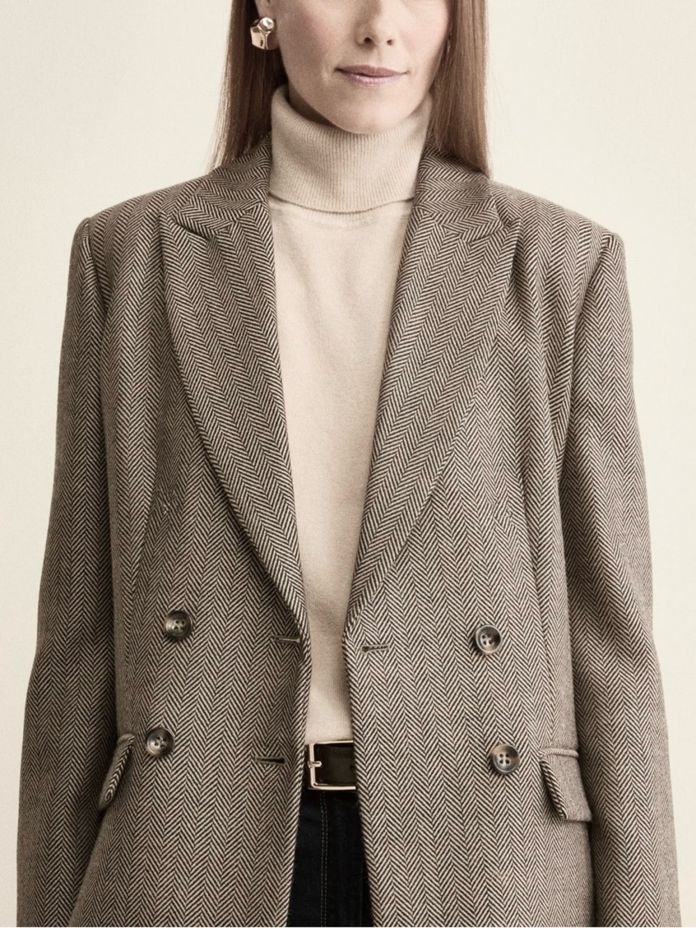 H&M Herringbone Double-Breasted Blazer in Cream and Tan